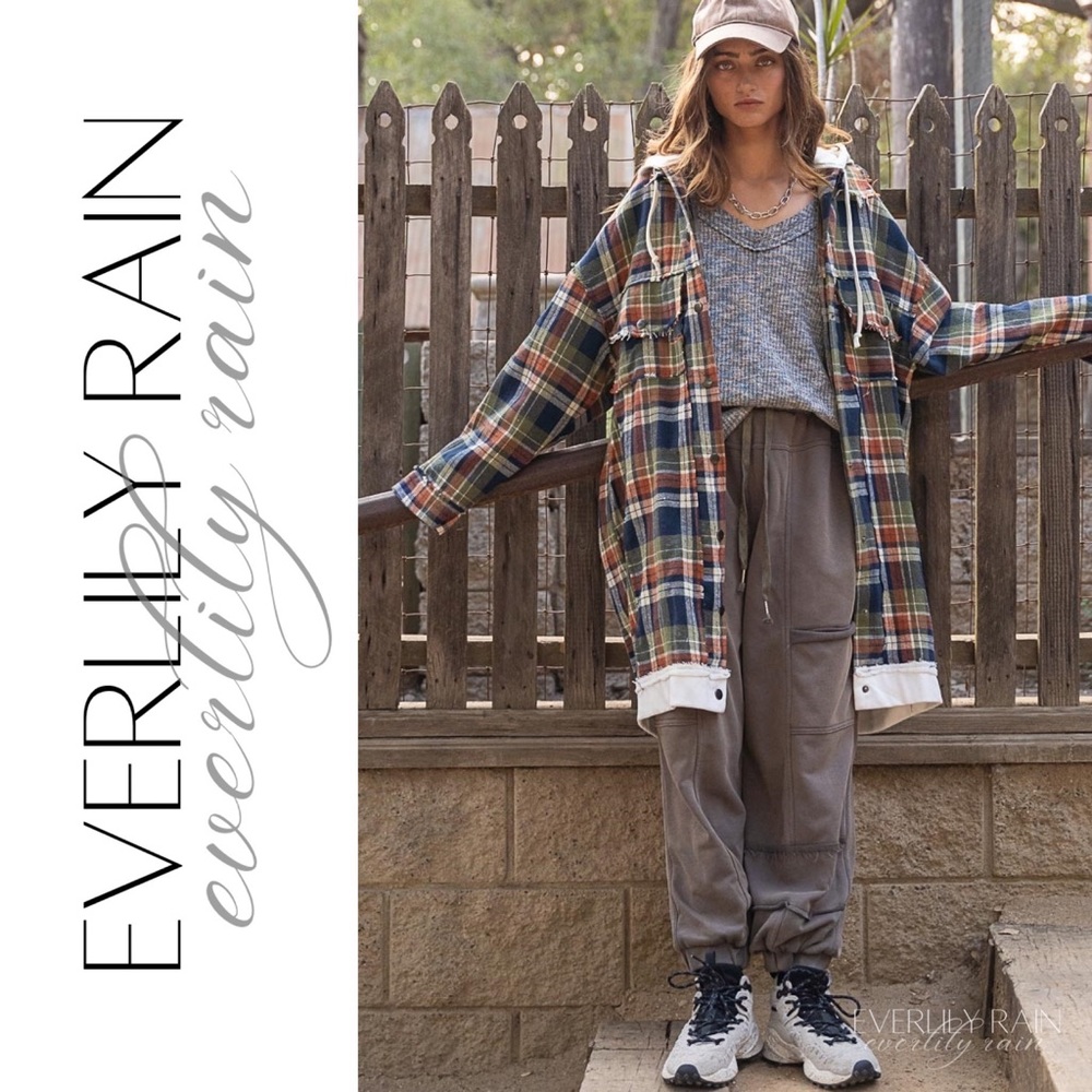 POL Long Plaid Hooded Shirt Jacket - Picture 4 of 13